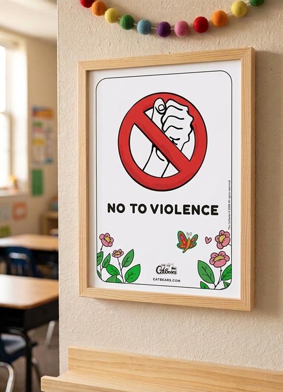 No violence poster for kids hanging on a wall