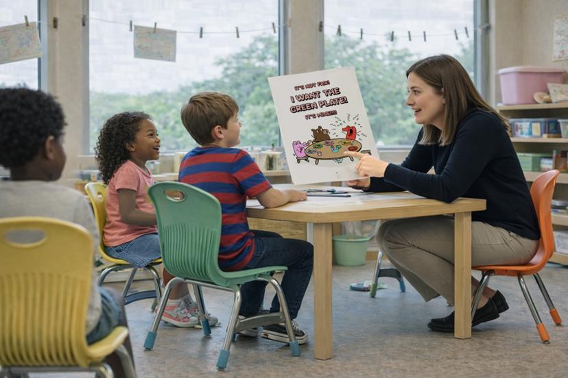 Teacher using The Catbears social story in classroom with children - demonstrating practical social emotional learning activities
