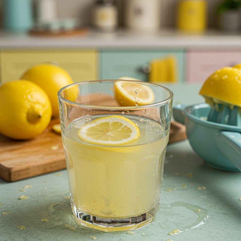 A glass of lemonade with a lemon slice floating in it