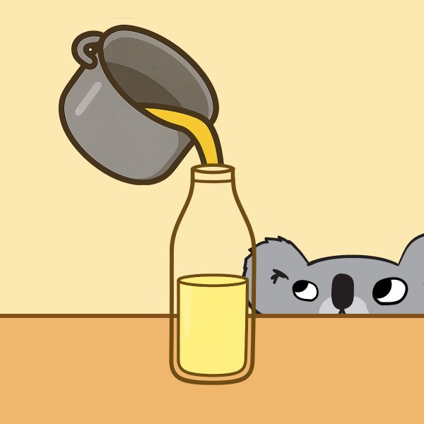 A catbear pouring syrup into a glass bottle