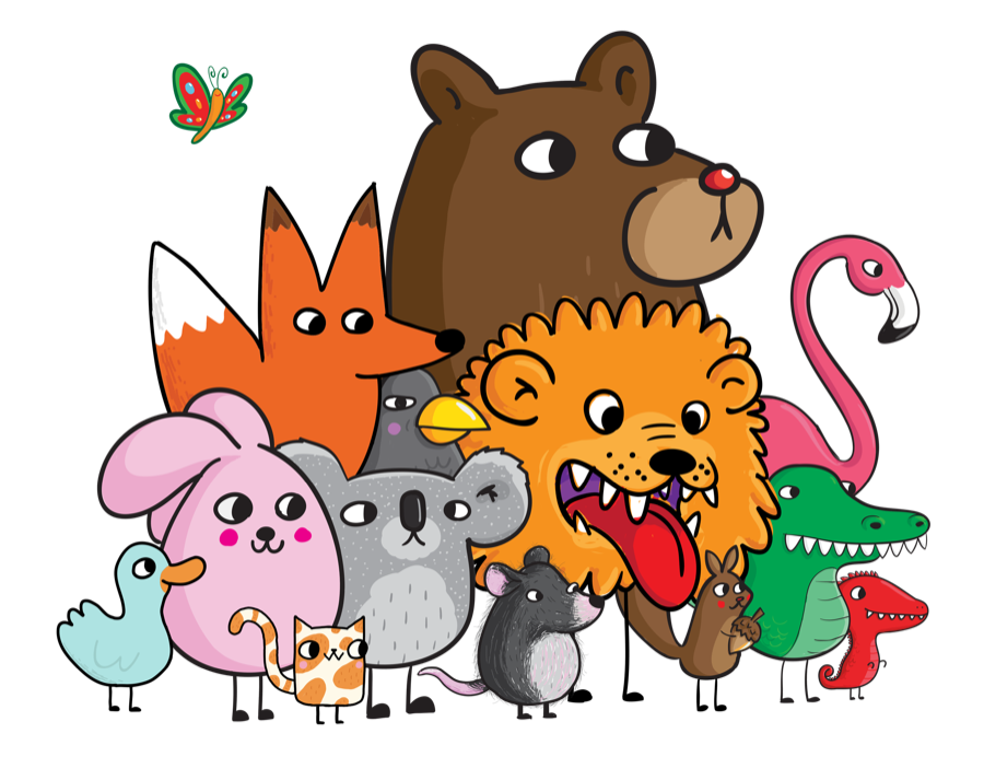 The Catbears characters together: a bear, a fox, a lion, a flamingo, a crocodile, a koala, a bunny, a duck, a cat, a mouse and more, all with the same round eyes and thin legs