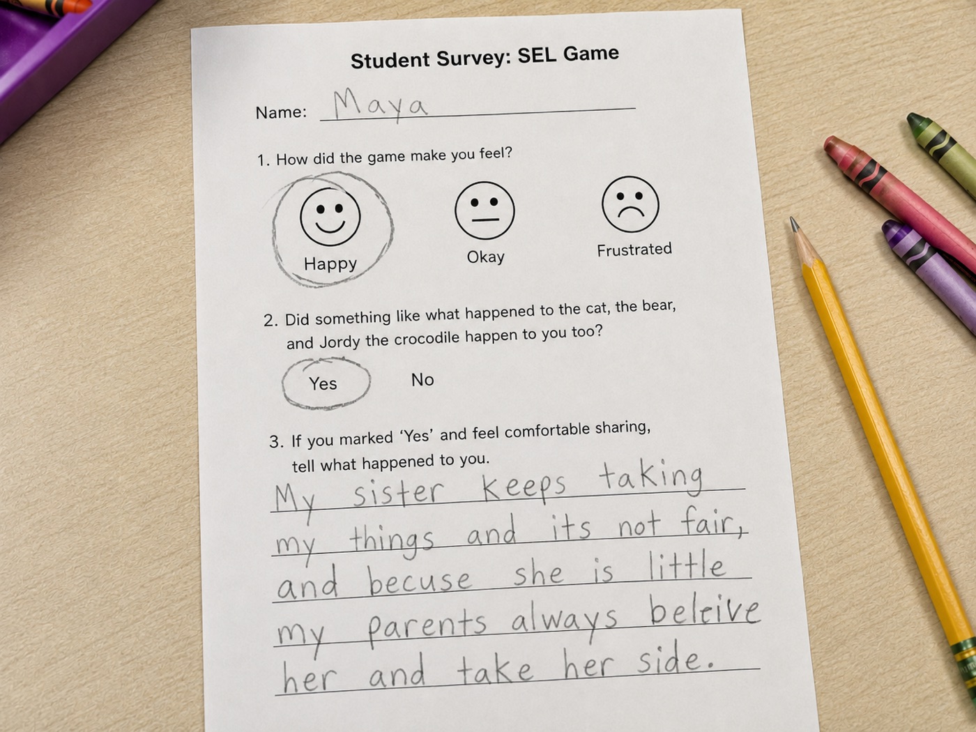 A child's filled-in student survey about an SEL game, with Happy circled and a handwritten answer