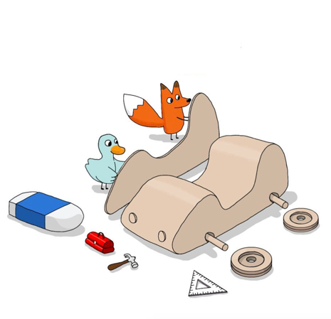 A duck and a fox building a wooden toy car together, with tools and wheels laid out