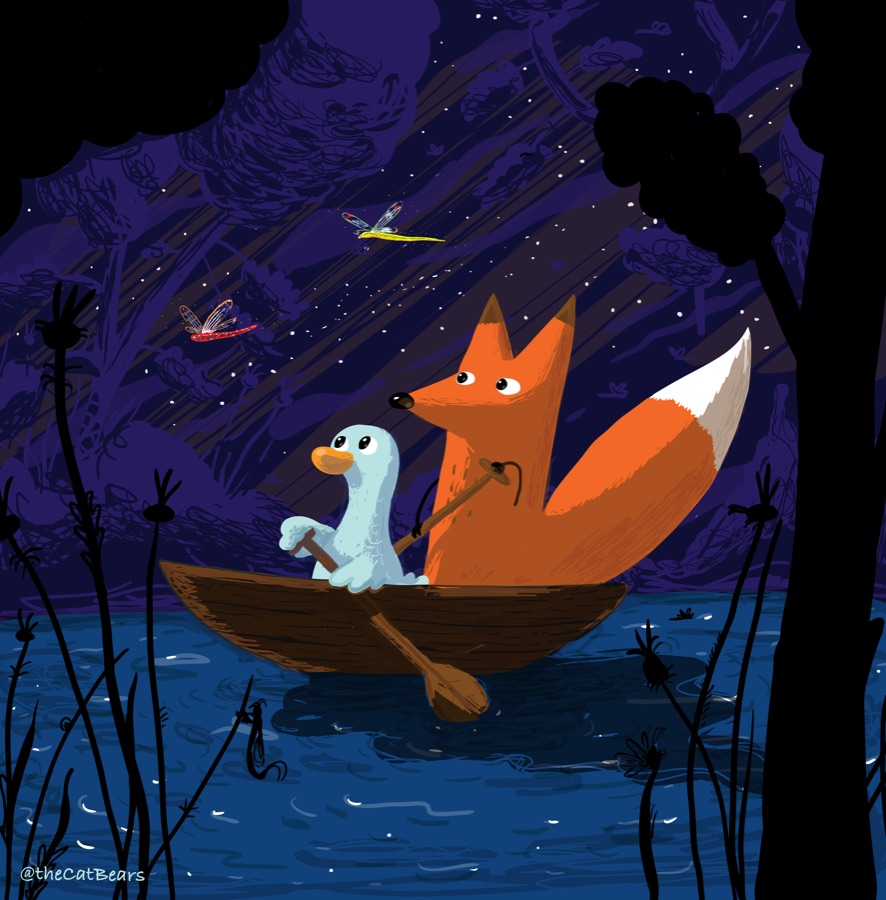 A duck and a fox rowing a small boat together under a night sky full of dragonflies