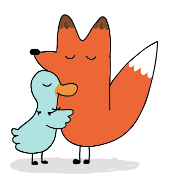A fox holding a duck in a hug, eyes closed