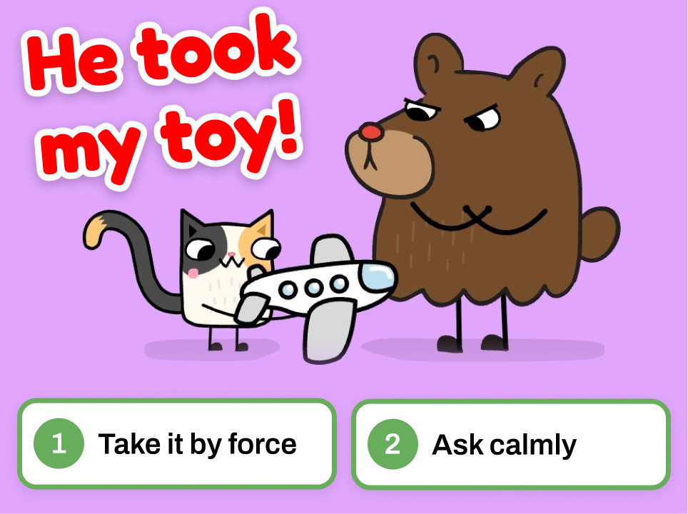 The He Took My Toy game: the cat holds a toy plane while the bear looks annoyed, with two choices below, take it by force or ask calmly