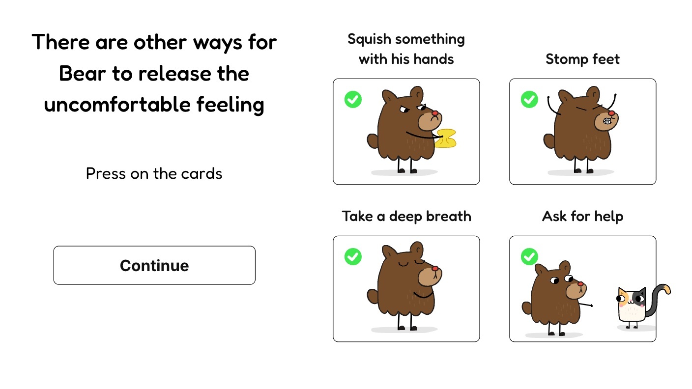 The four calmer choices in the Better Than Hitting show: squeeze something tight, stomp your feet, take a deep breath, ask for help