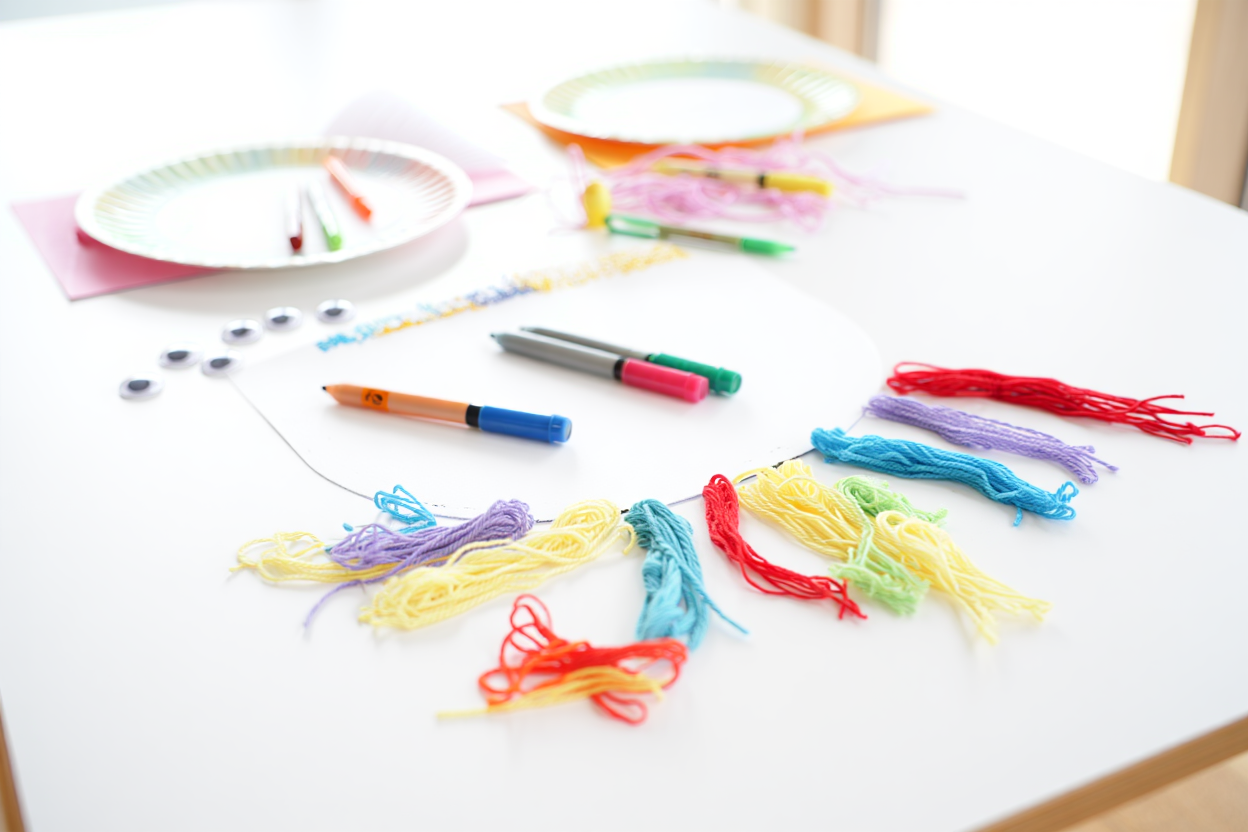 Materials for feelings faces craft: paper plates, markers, yarn, and googly eyes