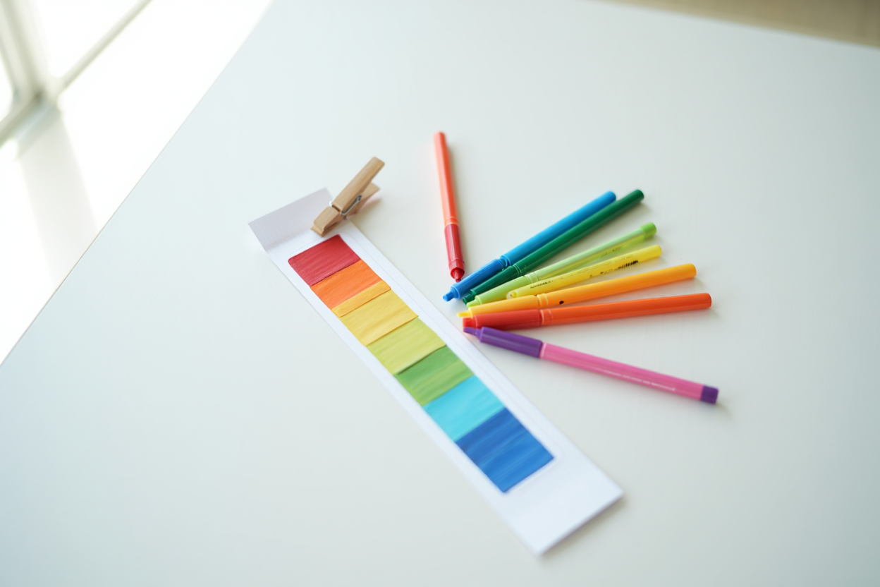 Materials for feelings thermometer: paper strip with colored sections, clothespin, and markers