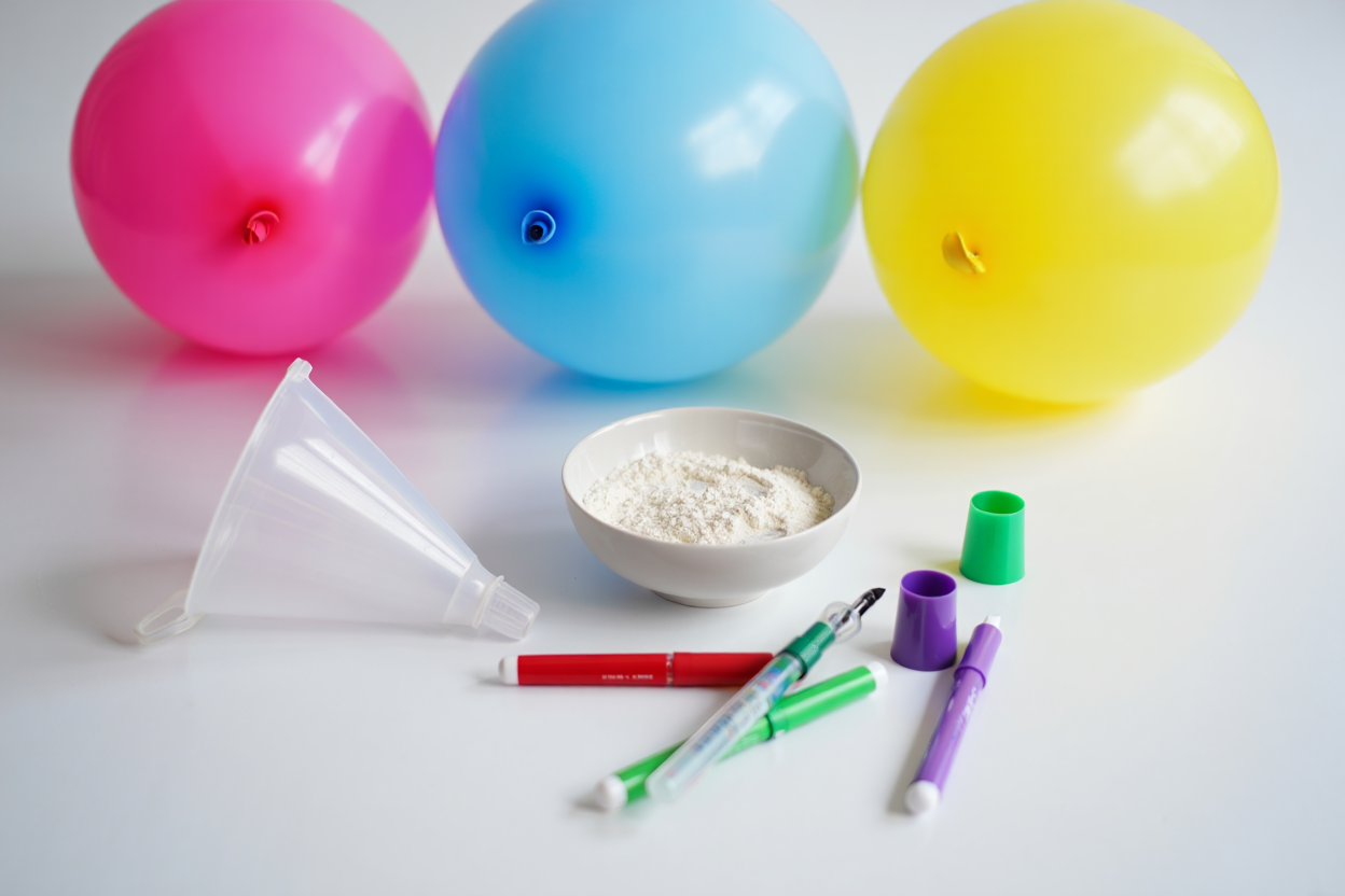 Materials for making a stress ball: balloons, flour, funnel, and markers