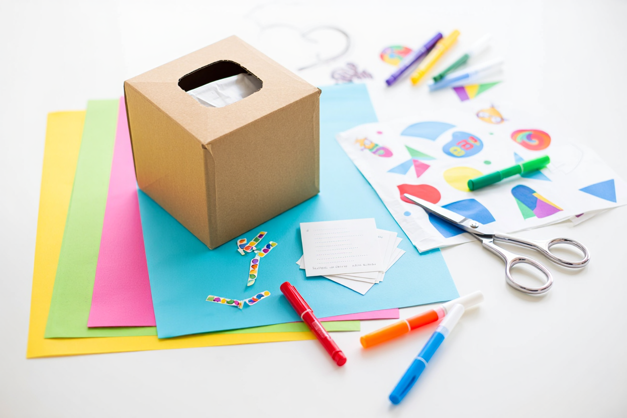 Materials for worry box: tissue box, construction paper, stickers, markers, and scissors