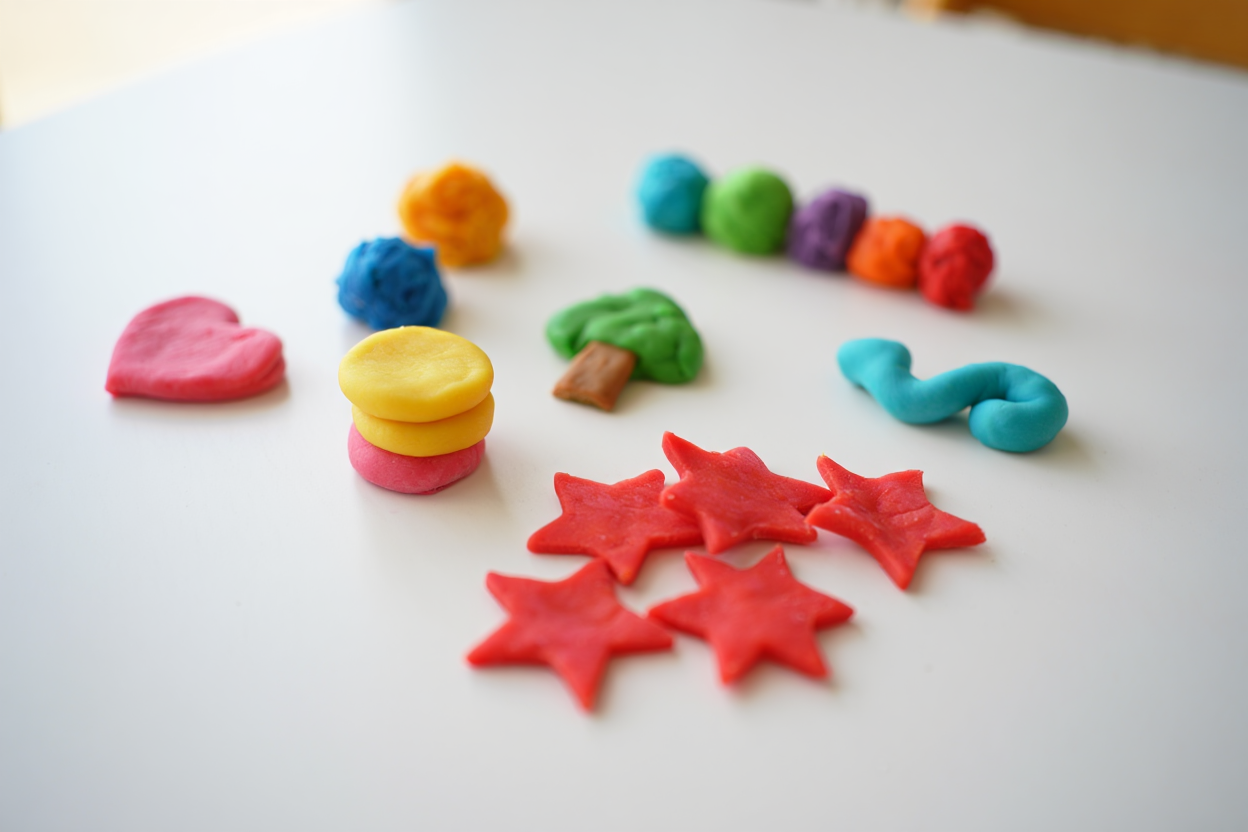 Colorful play dough creations - stars, hearts, balls and shapes made with cookie cutters