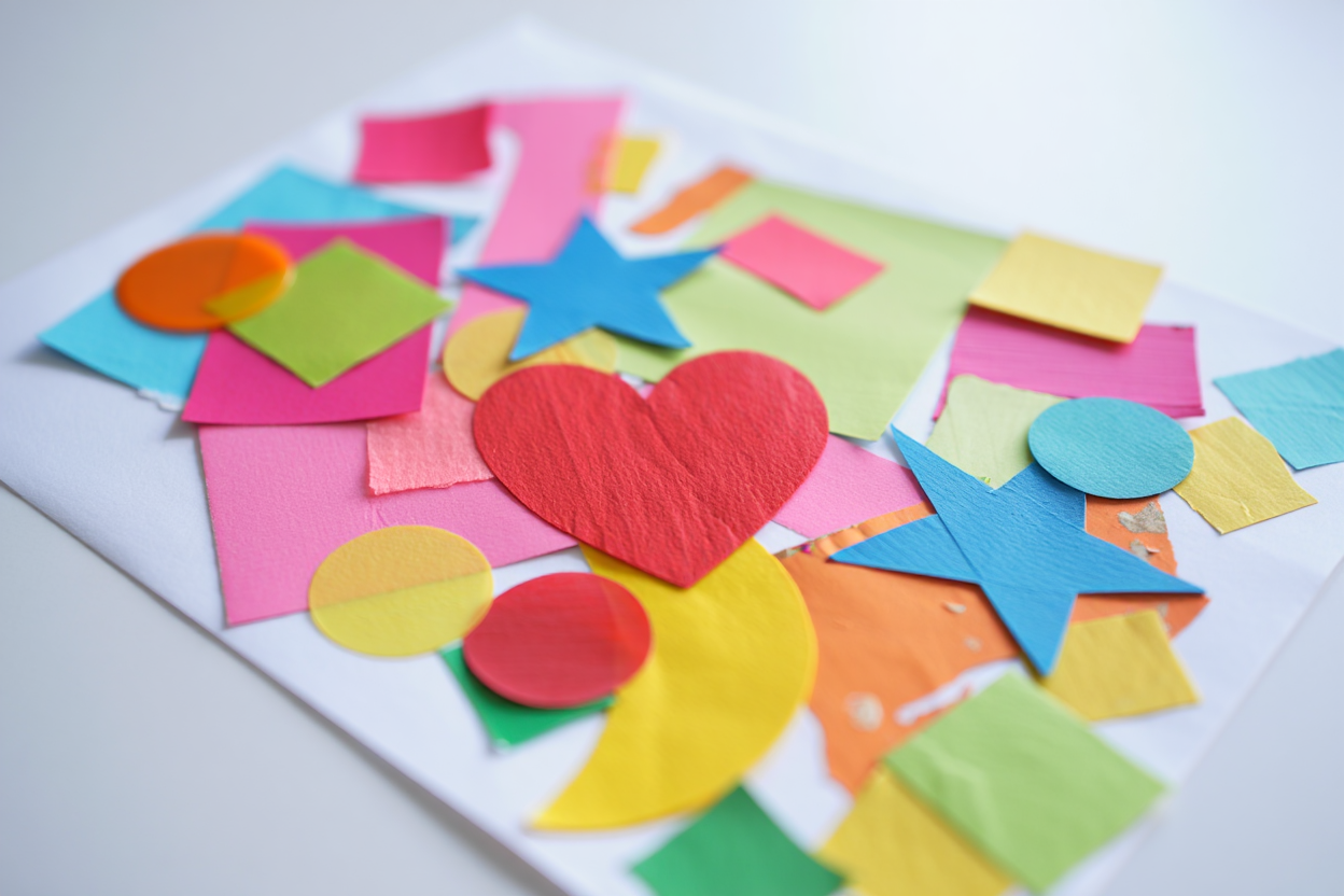 Colorful paper shapes and scraps glued onto white paper, a toddler collage craft project