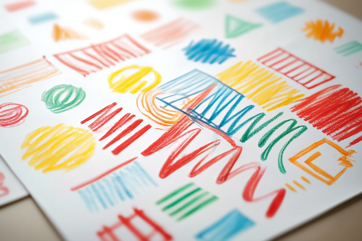 Collaborative toddler crayon drawing with colorful scribbles and shapes meeting and overlapping