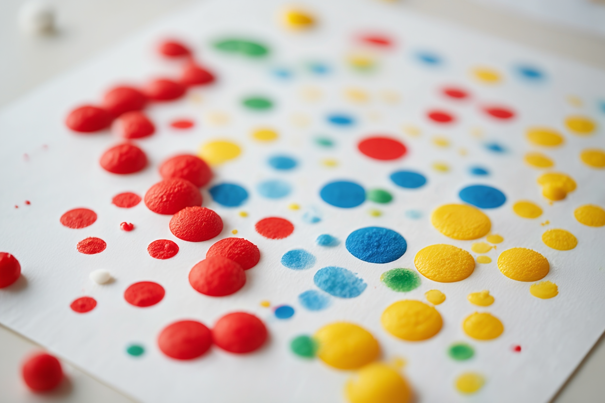 Cotton ball stamp painting with colorful dots in red, blue, yellow and green on white paper