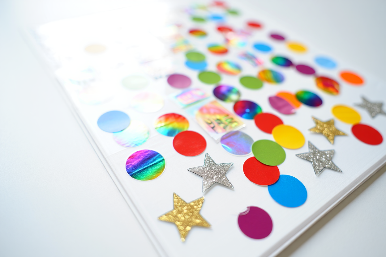 Paper decorated with colorful sparkly stickers including holographic circles and glitter stars