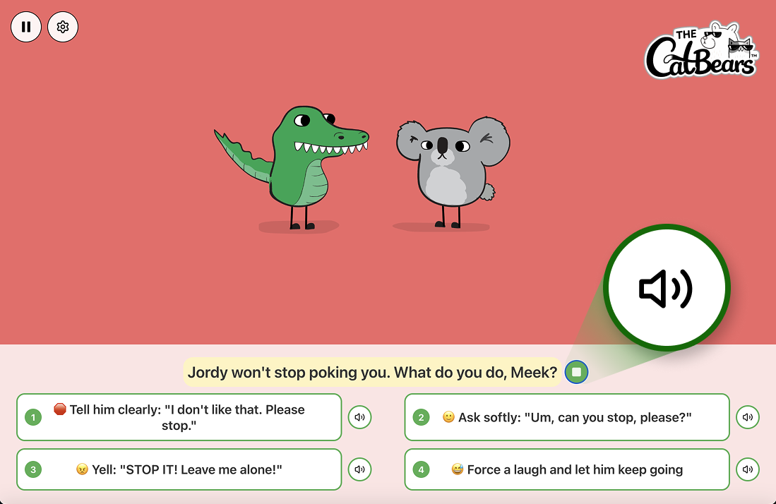 The Boop Boop SEL game with a speaker button next to the question and next to every answer, so kids who cannot read yet can play on their own