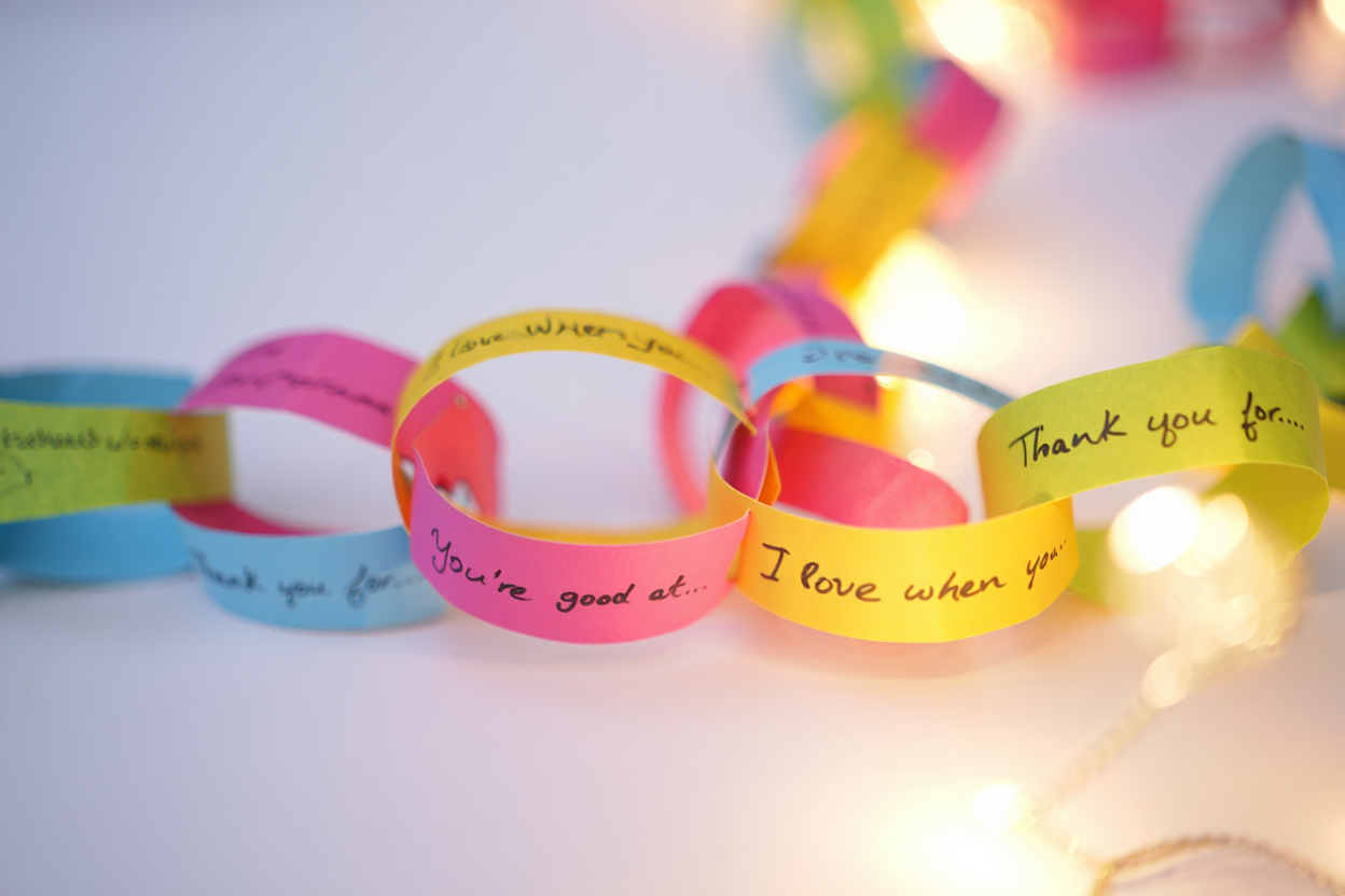 A colorful paper chain with handwritten appreciation notes in pink, yellow, blue, and green