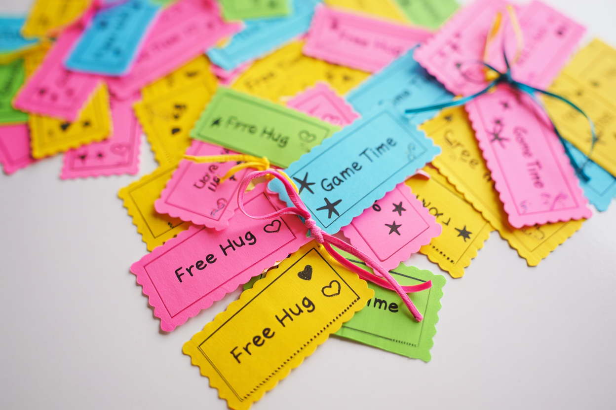 A cheerful stack of handmade colorful promise coupons decorated with hearts and stars
