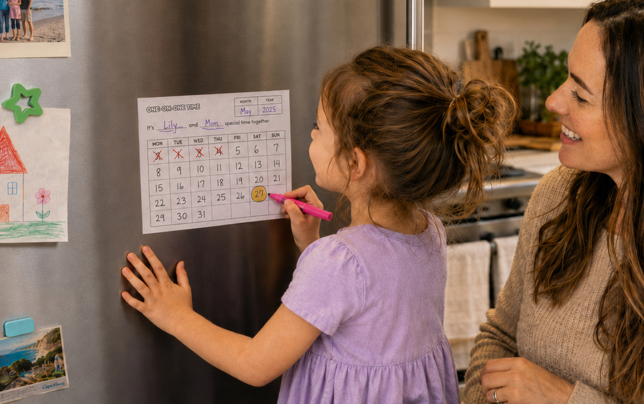 A child circles her special day on the one-on-one time calendar on the fridge while her mom watches