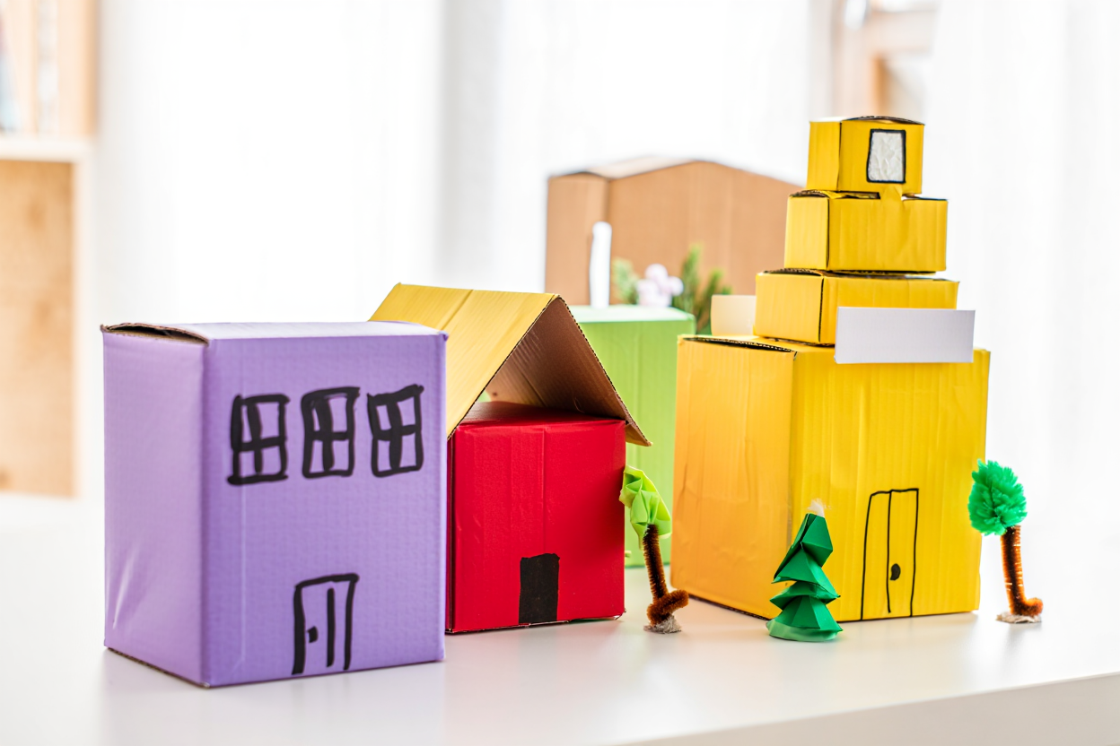 A miniature town made of decorated cardboard boxes - colorful buildings with drawn windows and doors