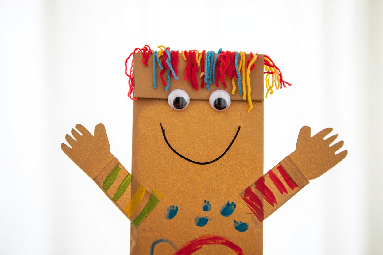 A cute paper bag puppet with googly eyes, colorful yarn hair, and a friendly drawn smile
