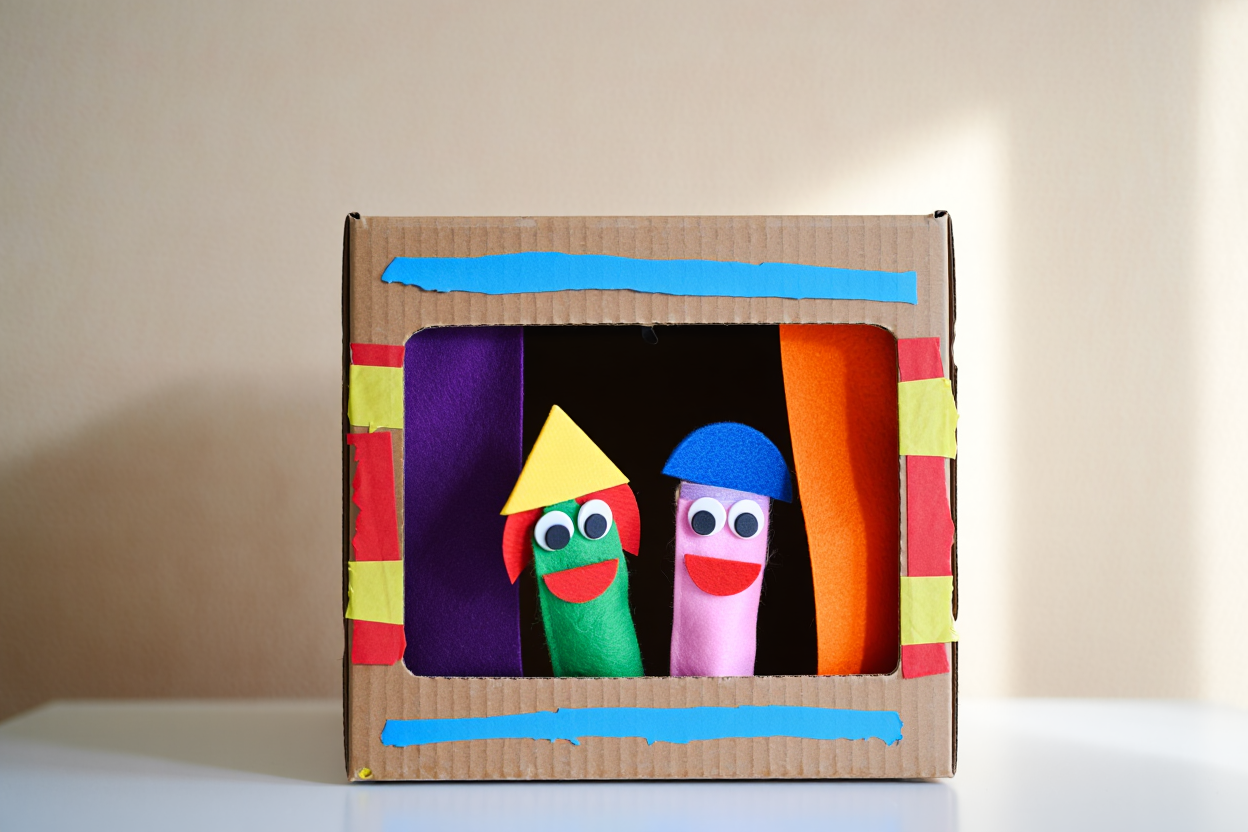 A puppet theatre made from a cardboard box with fabric curtains and handmade puppets ready for a show
