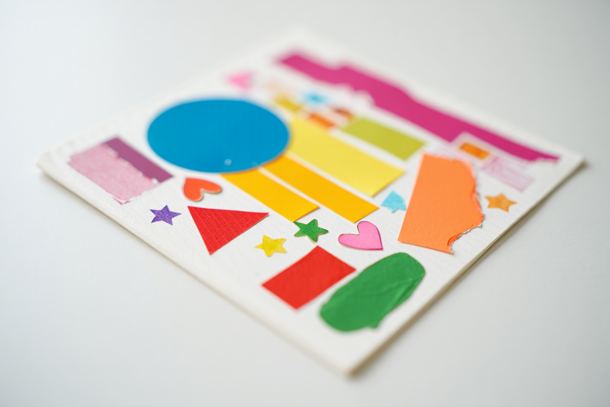 A finished children's collage with colorful paper scraps, shapes, and stickers glued onto paper