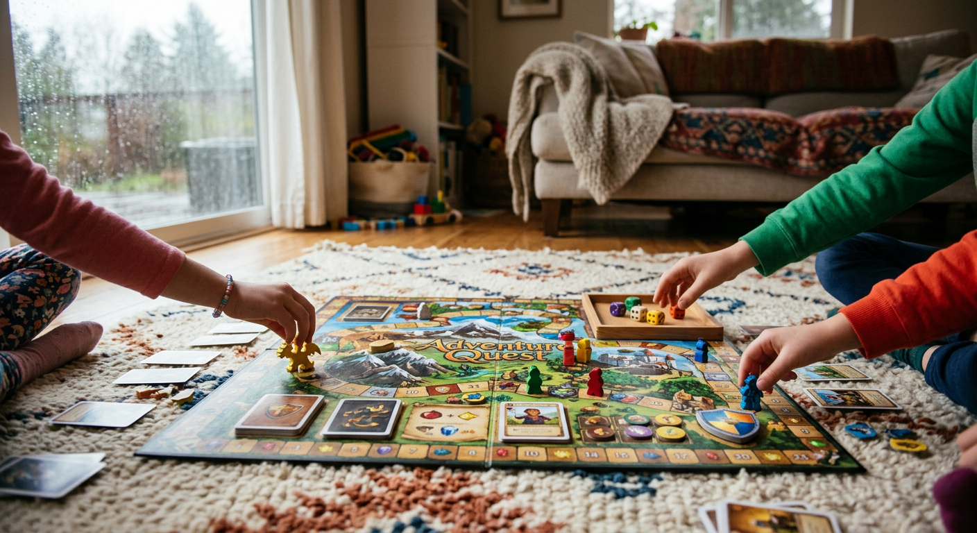Colorful board game spread open on a cozy rug with game pieces and dice, children's hands reaching for pieces, warm rainy day light