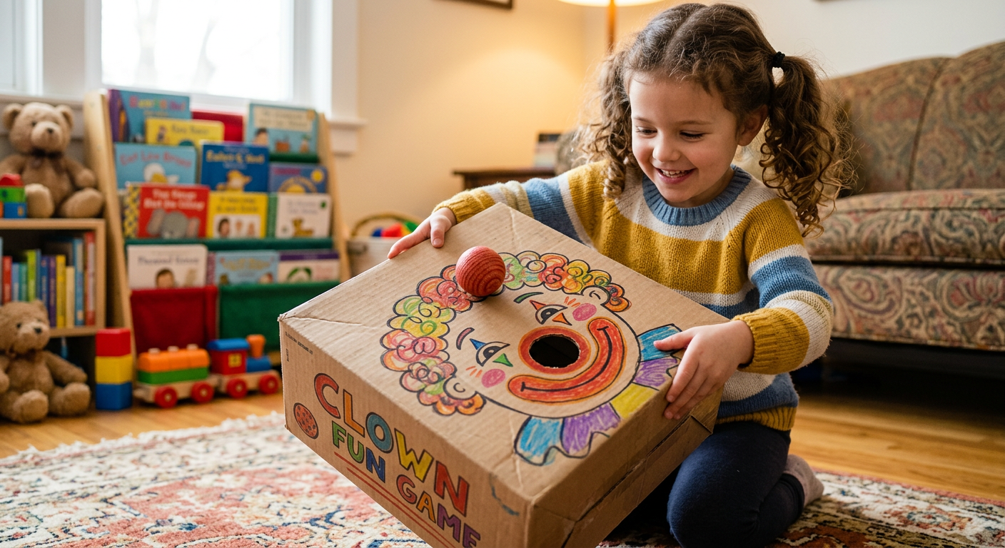 Cardboard box with a colorful clown face drawn on it and a round hole as the nose, child tilting the box to guide a ball through the hole