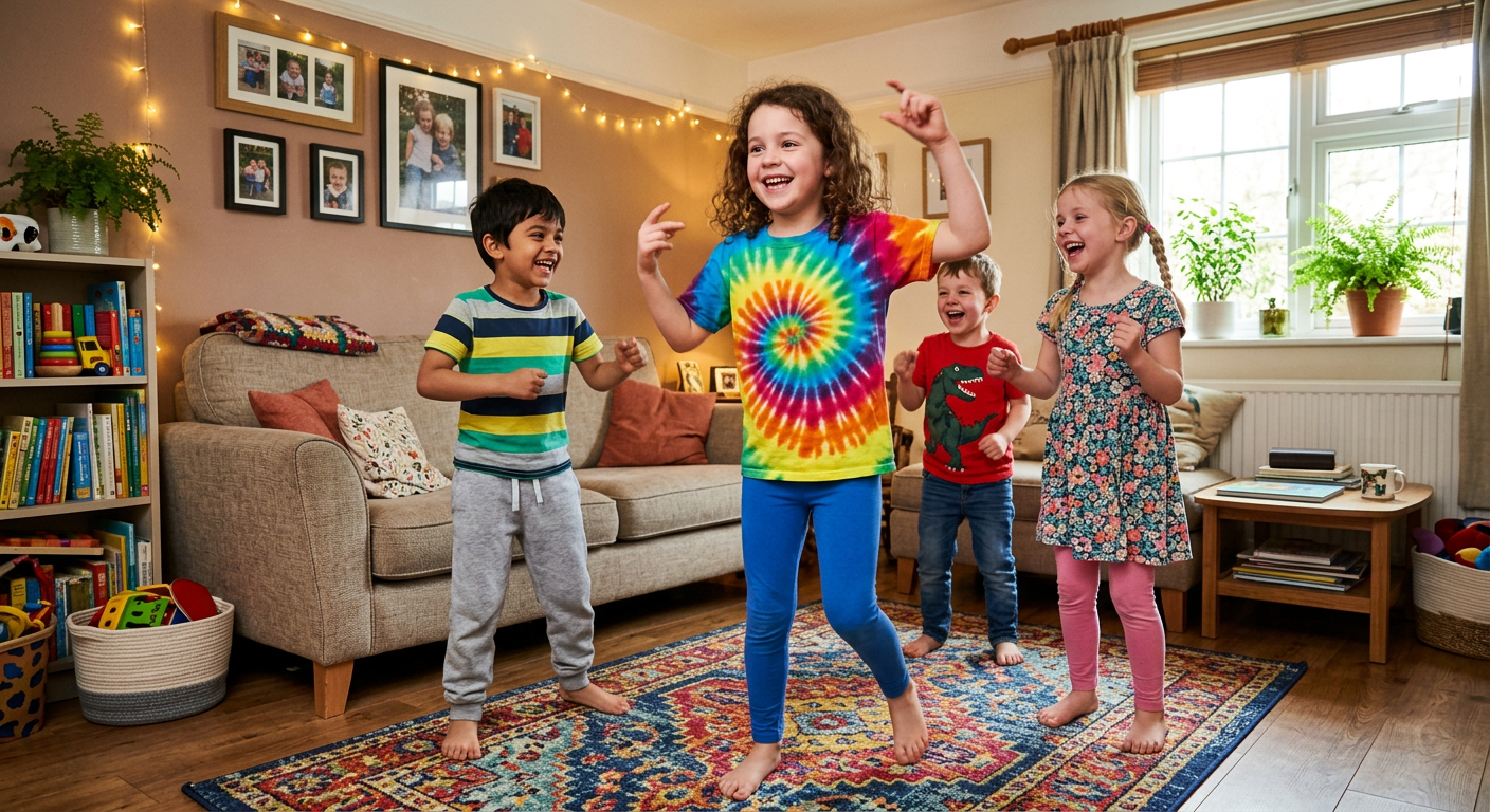 Children dancing together in a living room, one child leading with a fun move while others laugh and copy along
