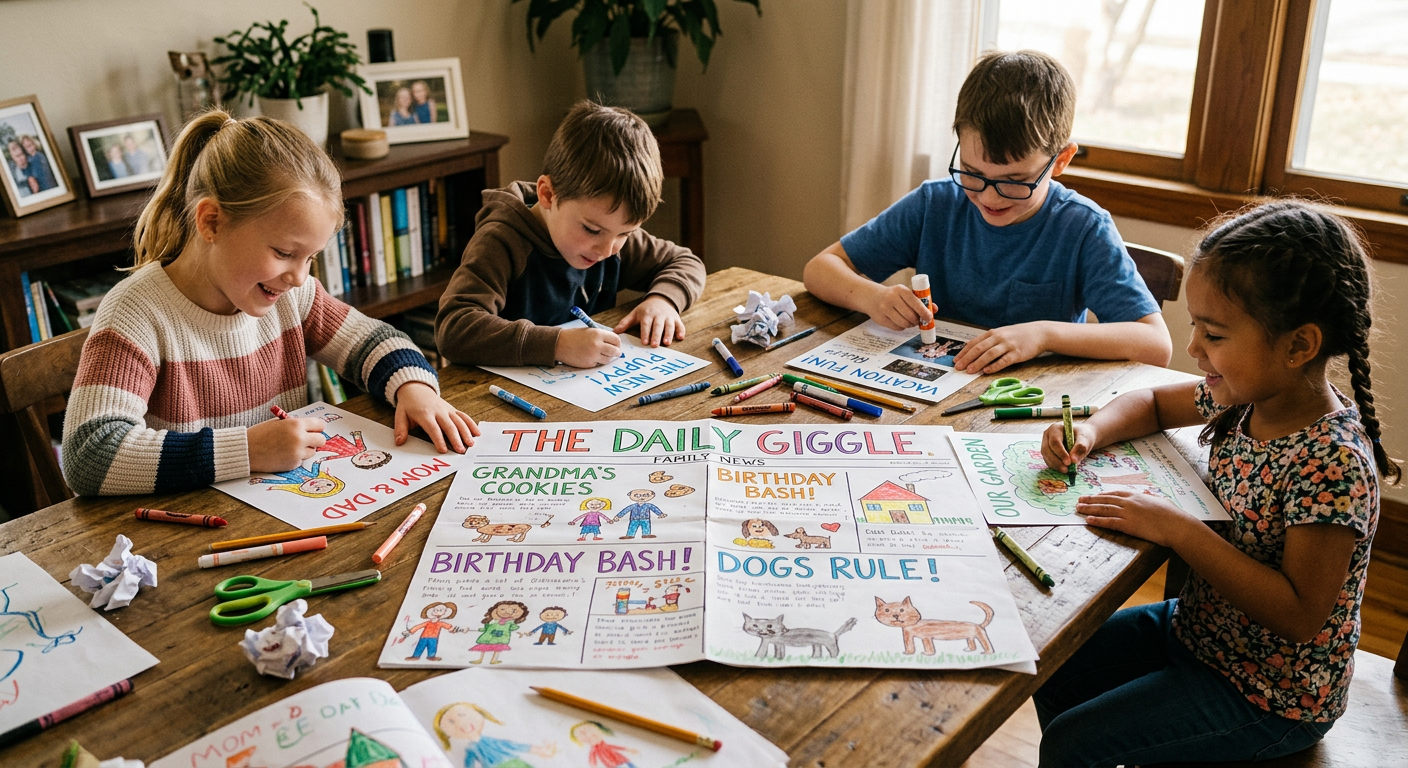 Children making a handmade family newspaper on a table with hand-drawn illustrations, handwritten headlines, scissors and crayons nearby