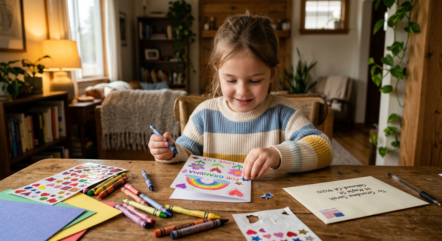 Child making a colorful handmade greeting card with crayons and stickers, folded card paper and an envelope ready to mail