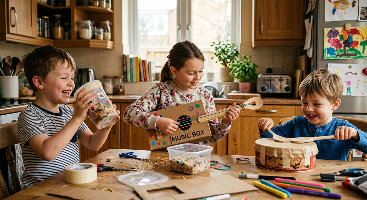 Children making homemade musical instruments from household items — rice shakers, rubber band guitar, wooden spoon drum — in a warm kitchen