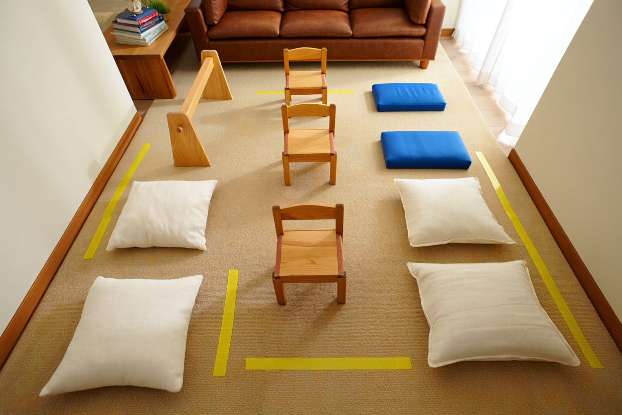 Indoor obstacle course made with pillows, chairs, and tape lines in a living room