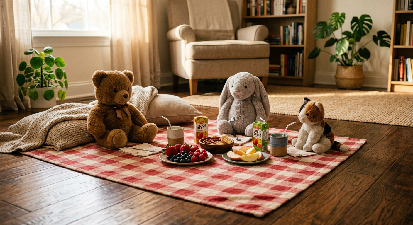 Cozy indoor picnic on a checkered blanket on a hardwood floor with small plates, snacks, juice boxes, and stuffed animals as guests