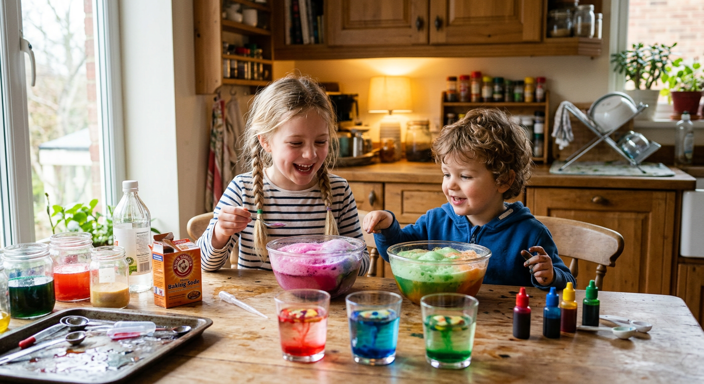 Children doing simple kitchen science experiments at a table with baking soda and vinegar fizzing in bowls and colorful food dye in glasses of water