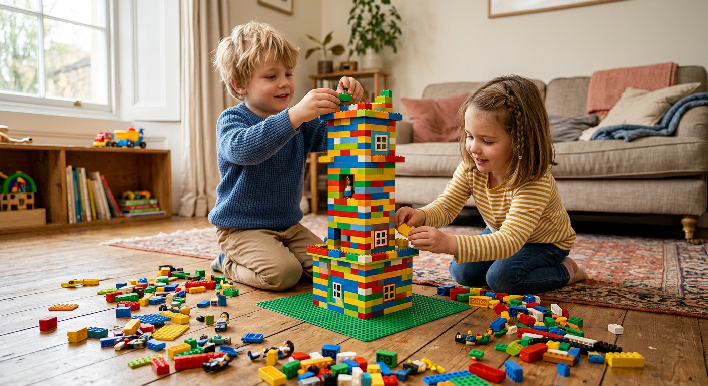 Colorful LEGO tower and scattered bricks on a wooden floor, children's hands building together in a warm living room
