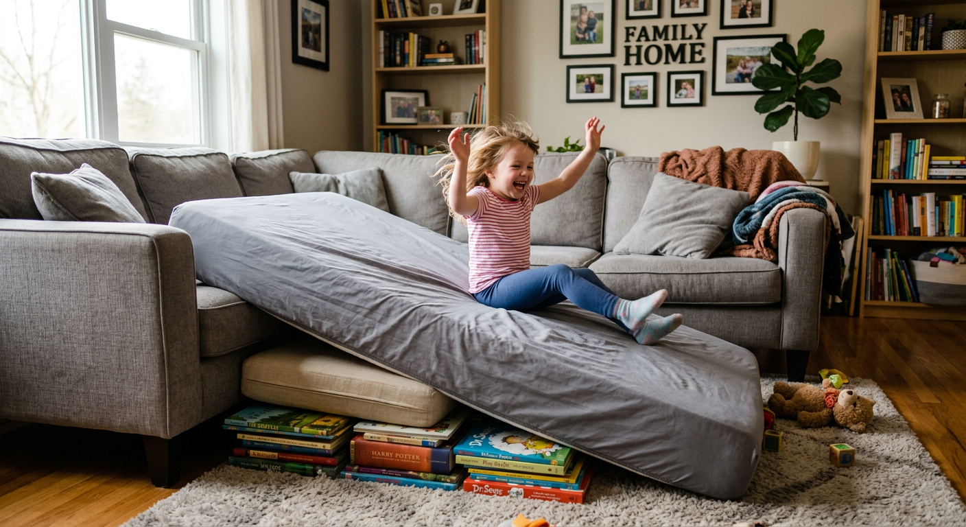 Mattress propped at an angle against a sofa using pillows and books as support, child sliding down laughing in a cozy living room