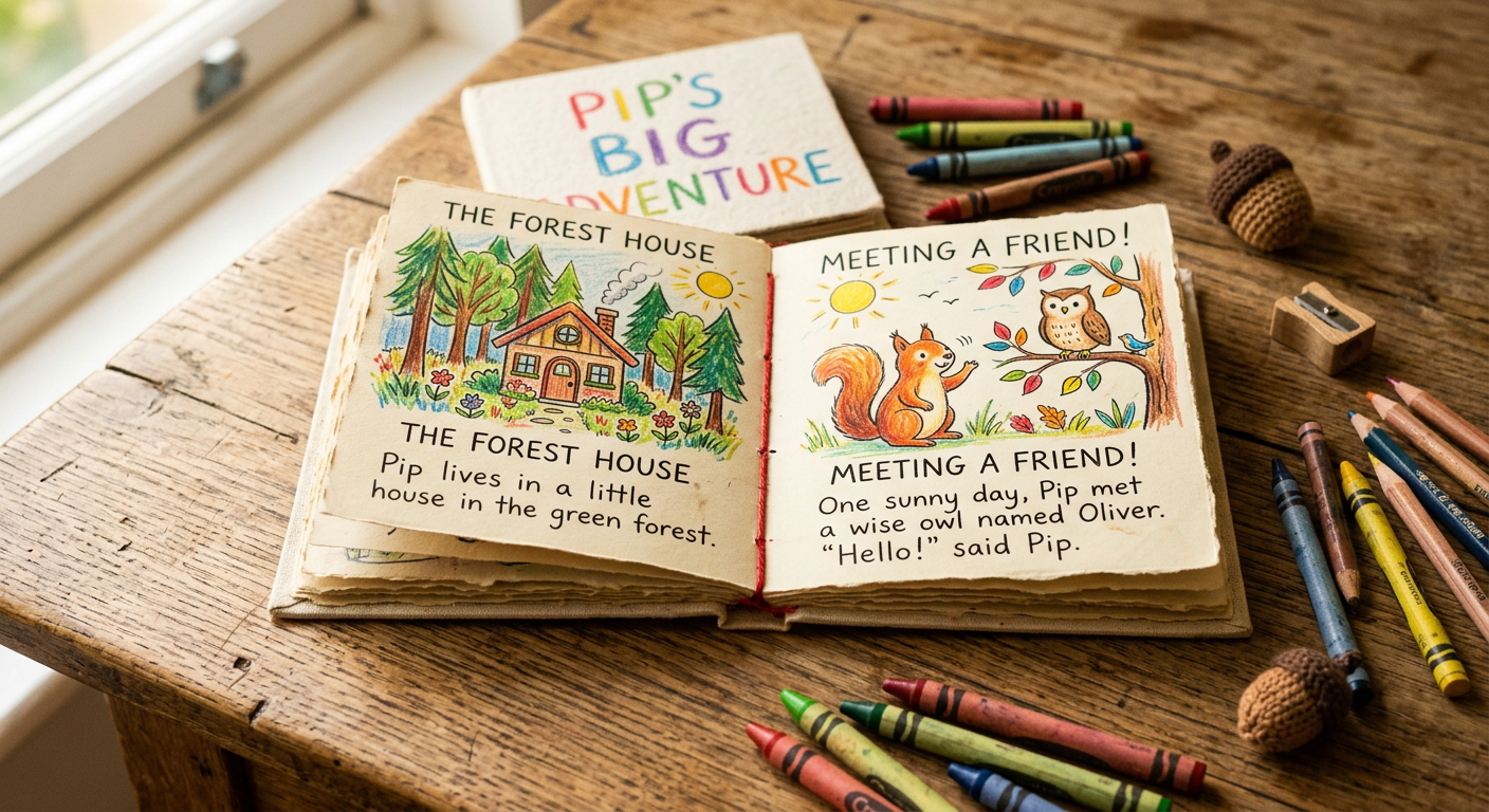 Handmade children's mini book spread open on a wooden table showing colorful hand-drawn illustrations and handwritten text, with crayons and pencils nearby