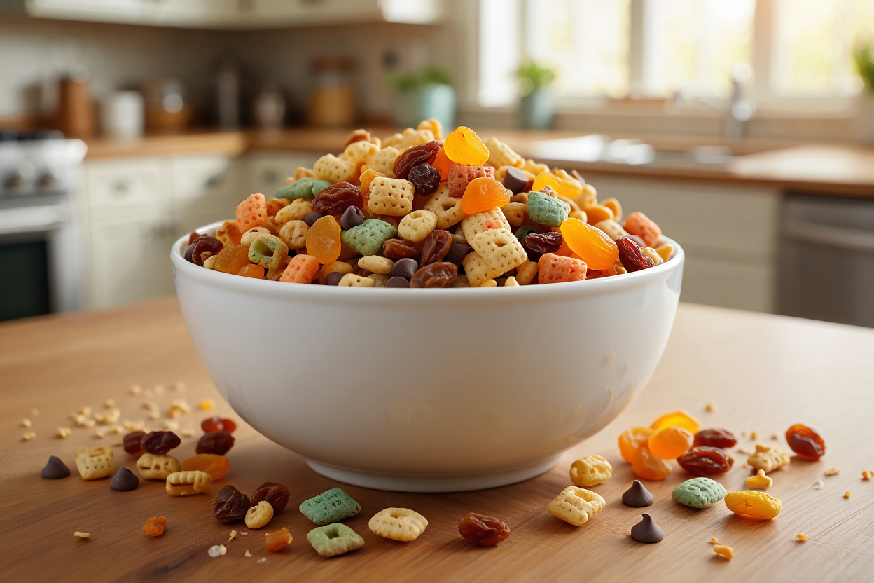 A bowl of colorful homemade trail mix with cereal, dried fruit and snacks made by kids