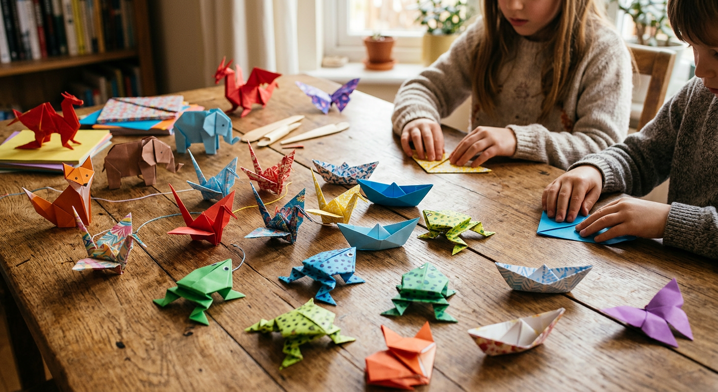 Origami paper cranes, frogs, and boats arranged on a wooden table with colorful square papers and children's hands folding nearby