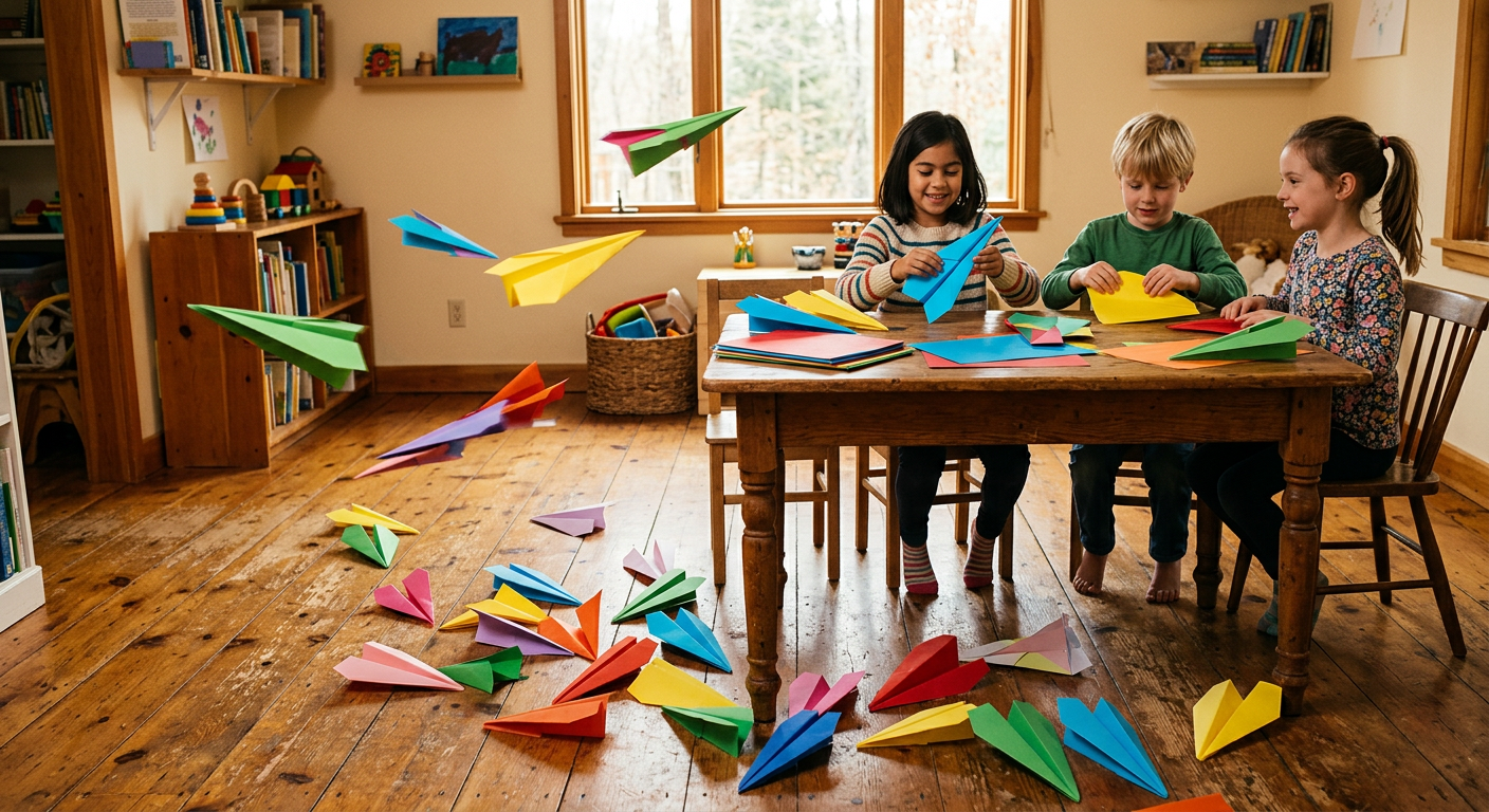 Colorful paper airplanes in flight and scattered on a wooden floor, children folding paper at a table in a warm indoor setting