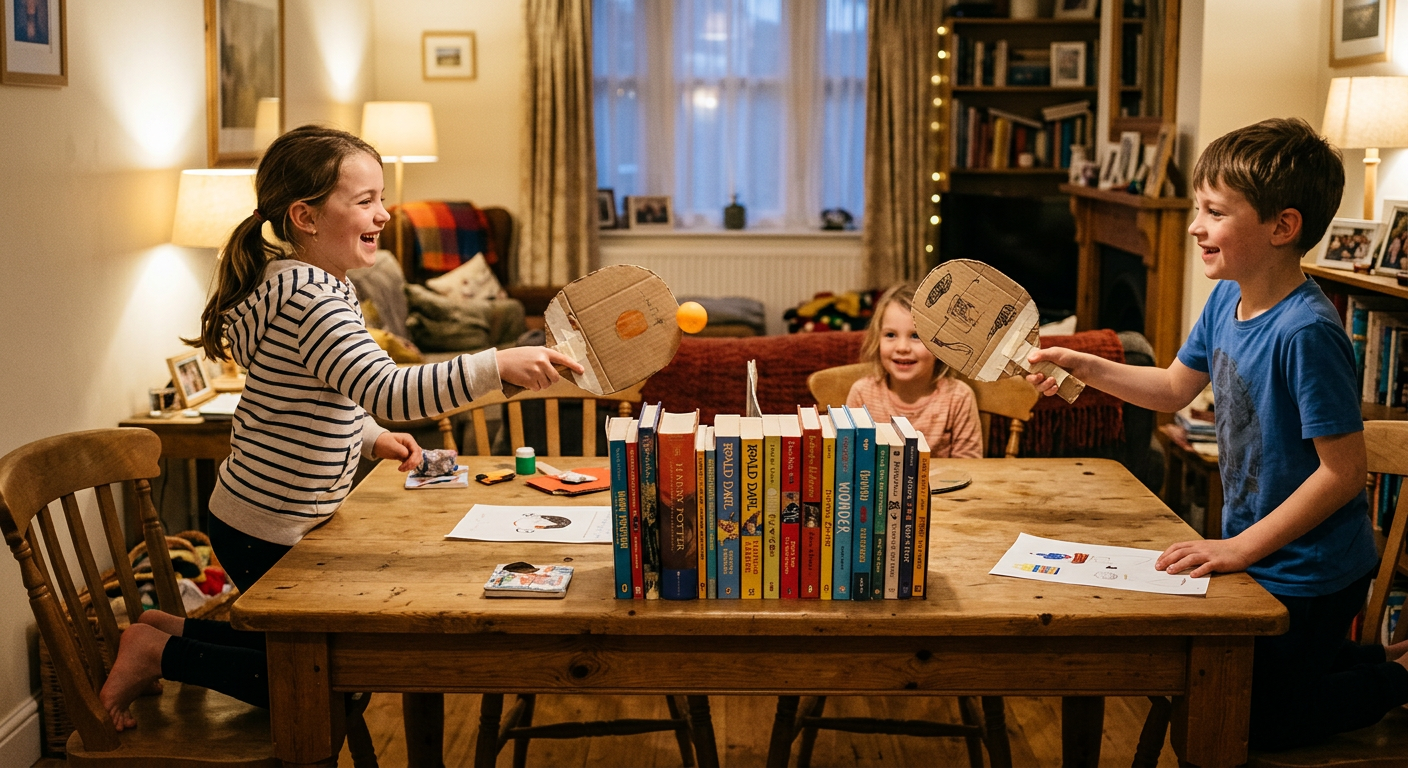 Children playing ping pong on a dining table with homemade cardboard paddles and a row of books as a net