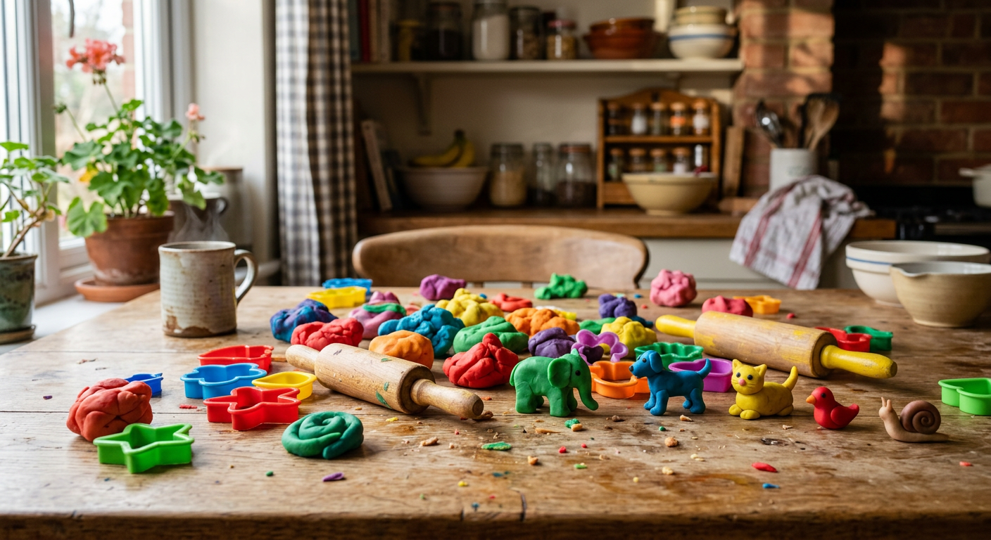 Colorful play dough in many colors on a wooden table with rolling pins, cutters, and small sculpted animals in a cozy kitchen