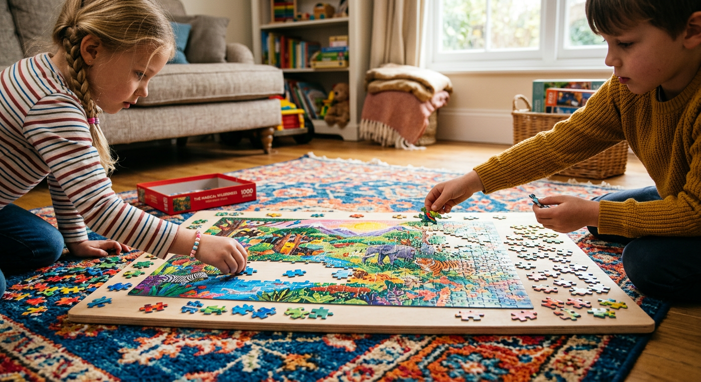 Large colorful jigsaw puzzle being assembled on a rug with children's hands placing pieces, half-complete in a warm cozy interior