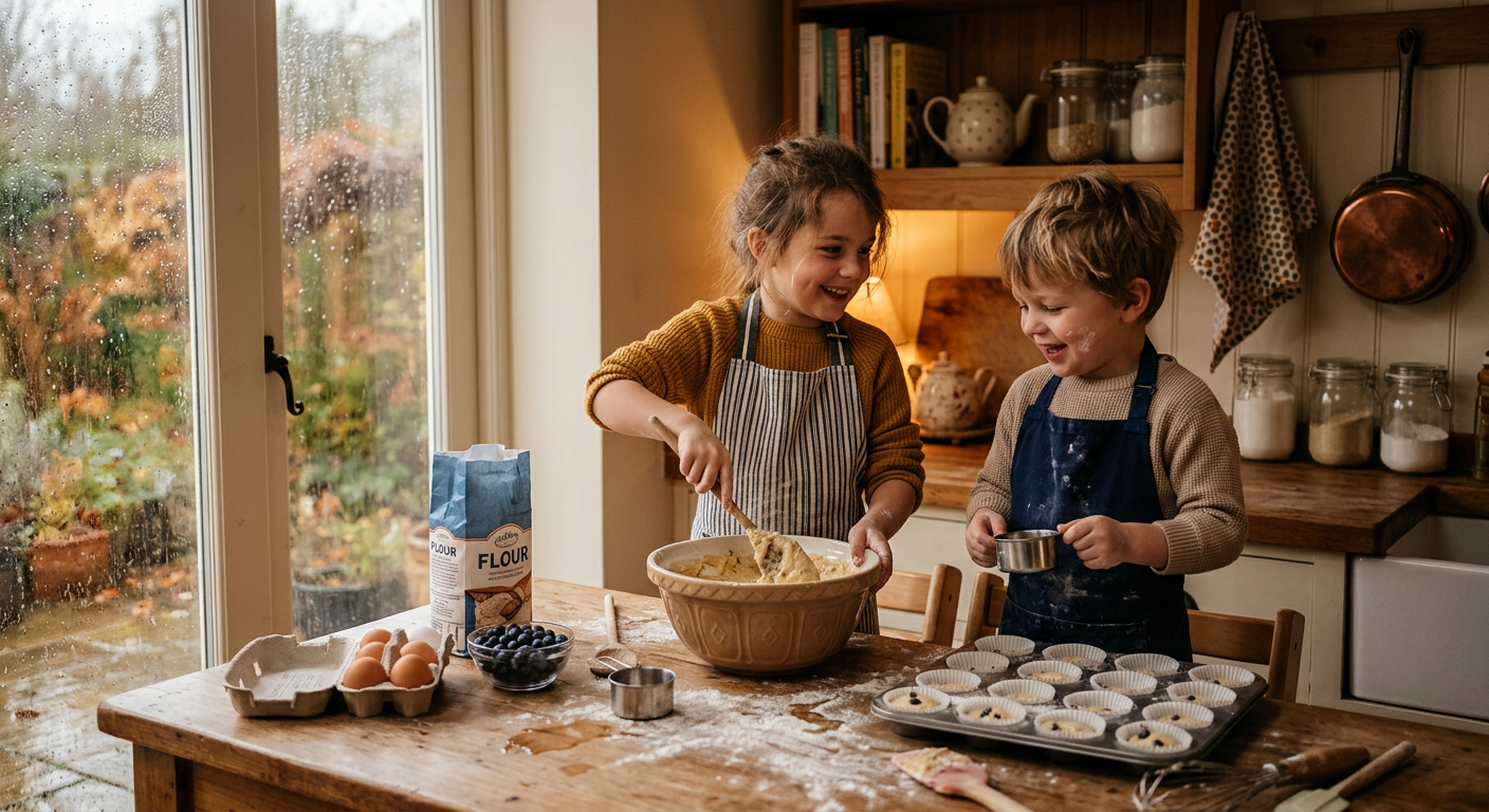 Children baking muffins together in a warm cozy kitchen with a mixing bowl, flour on the counter, and a baking tray