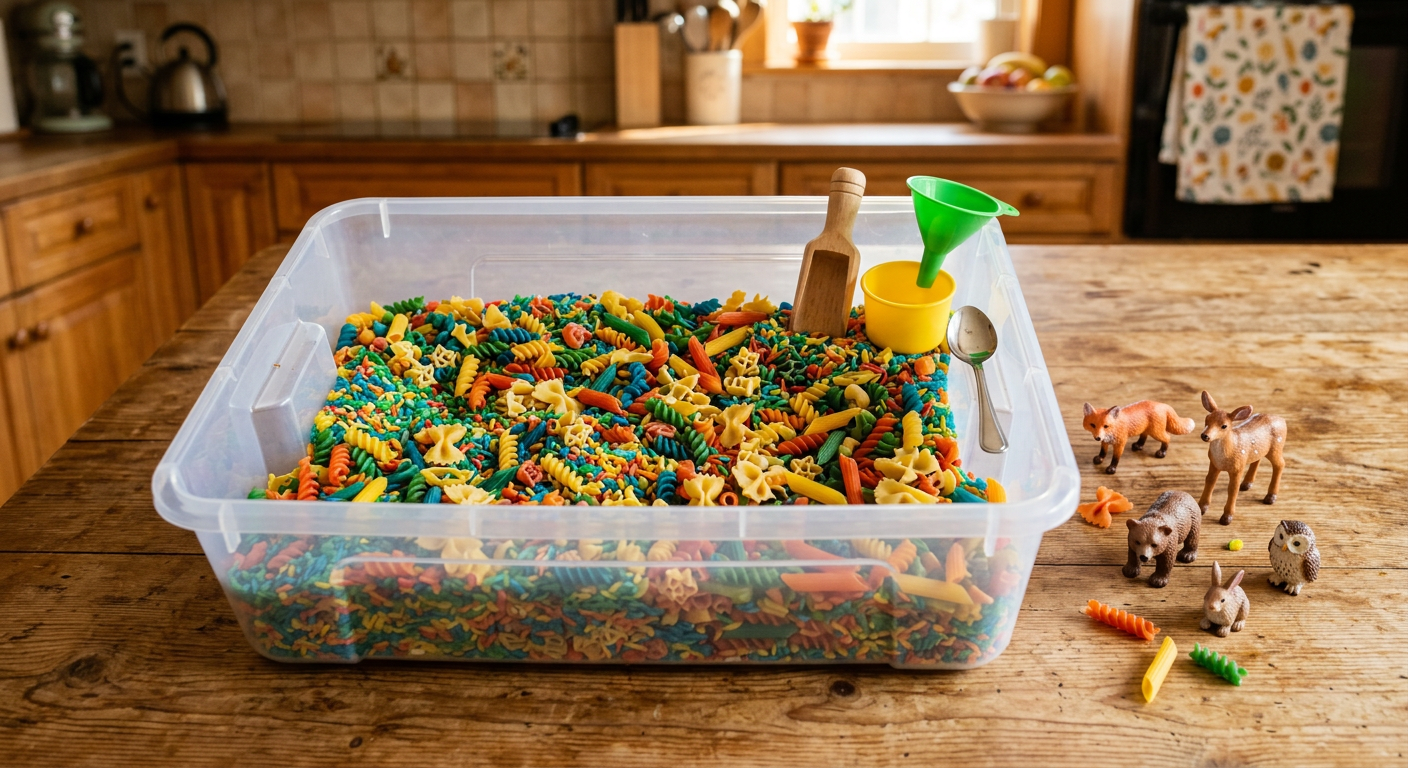 Large bin filled with colorful dried rice and pasta with small toys, cups and spoons for digging and pouring, children's hands exploring
