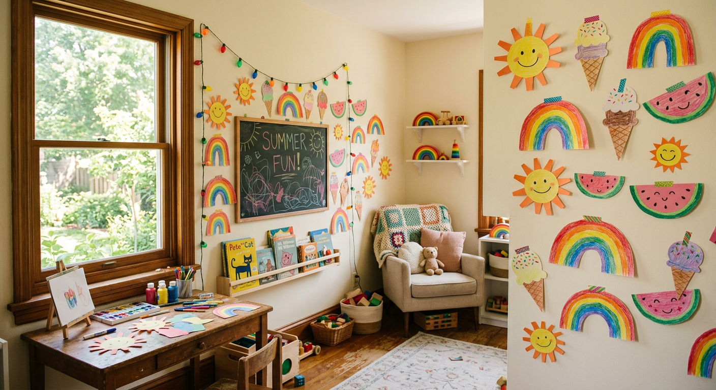 Colorful handmade paper cut-outs of suns, rainbows, ice cream cones and watermelons taped around a cozy room as cheerful summer decorations