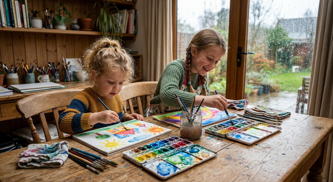 Two children painting with watercolors at a wooden table with colorful paint palettes and jars of water, rainy window in the background